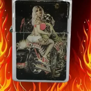 Метална бензинова zippo запалка с принт на момиче върху мотор