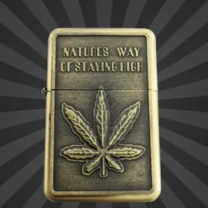 Релефна метална бензинова запалка с листо канабис и надпис Nature's Way Of Staying High
