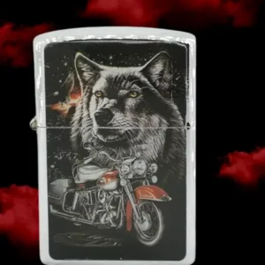 Сребриста метална бензинова zippo запалка с принт на вълк и червен мотор