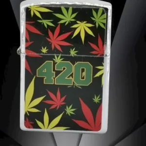Цветна метална бензинова zippo запалка с марихуана и надпис 420