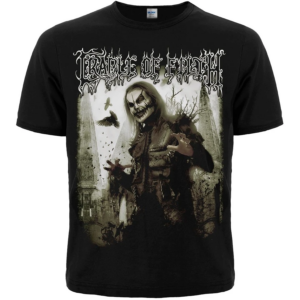 Черна метъл тениска Cradle of Filth с Дани Филт, гарвани и бяло лого на бандата