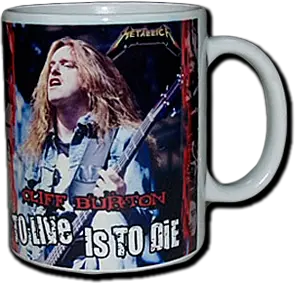 Бяла порцеланова чаша със снимка на Cliff Burton от Metallica и надпис To Live Is To Die