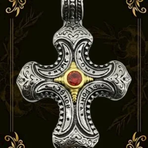 Лице на православен кръст от медицинска стомана с червен камък и гръцки надписи