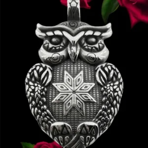 Лице на стоманен медальон сова със звезда в центъра
