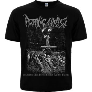 Черна метъл тениска Rotting Christ с бяла ритуална щампа на окултен обред и латински надпис In Nomine