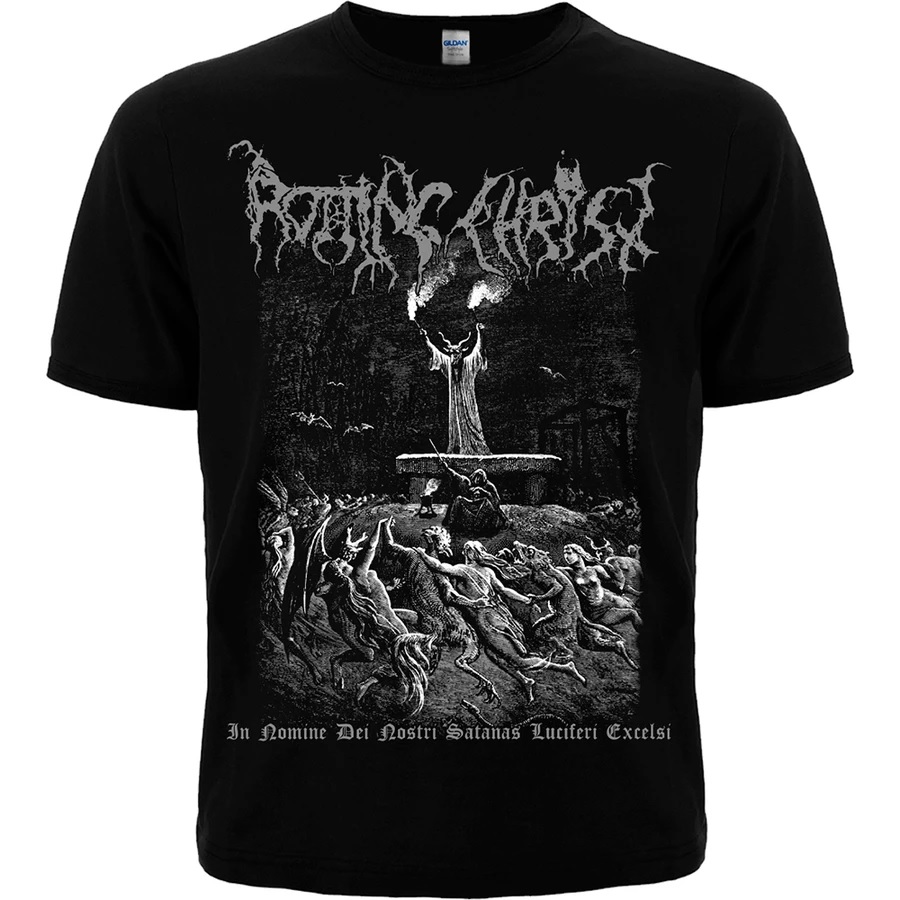 Черна метъл тениска Rotting Christ с бяла ритуална щампа на окултен обред и латински надпис In Nomine