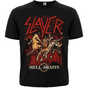 Черна метъл тениска Slayer Hell Awaits с червено лого и демонична композиция