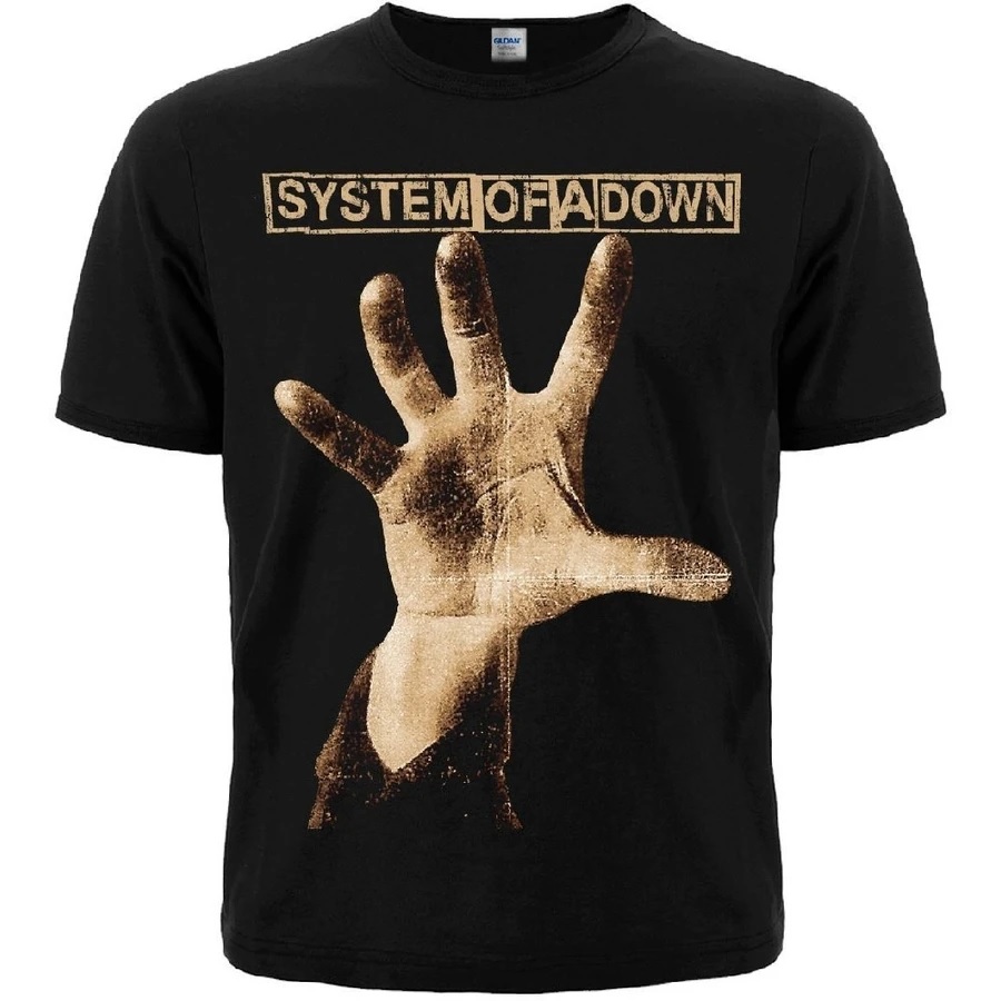 черна метъл тениска System Of A Down с щампа на ръка от дебютния албум