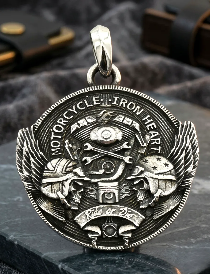 Лицева част на мъжки медальон от медицинска стомана с надписи Motorcycle Iron Heart и Ride or Die