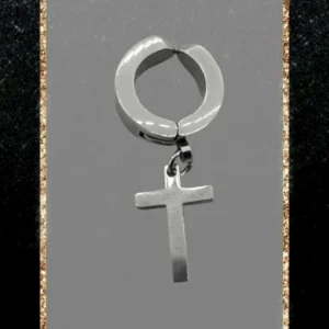 Сребриста обеца имитация с висящ кръст от медицинска стомана