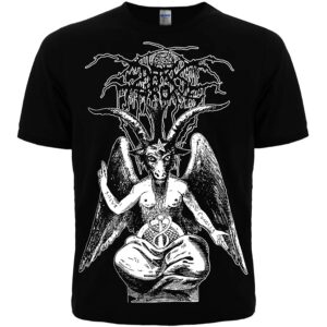Черна метъл тениска Darkthrone с бяла щампа на Бафомет и логото на бандата