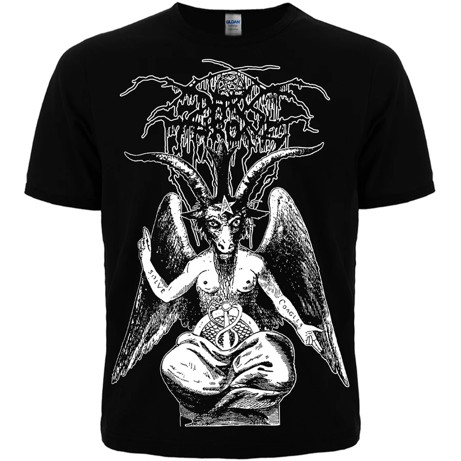 Черна метъл тениска Darkthrone с бяла щампа на Бафомет и логото на бандата