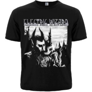 Лице на черна тениска Electric Wizard Dopethrone с илюстрация на рогато създание и надпис
