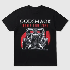 Мъжка черна тениска Godsmack World Tour 2025 с дизайн на хот род кола