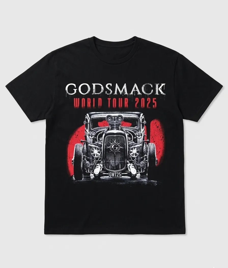 Мъжка черна тениска Godsmack World Tour 2025 с дизайн на хот род кола
