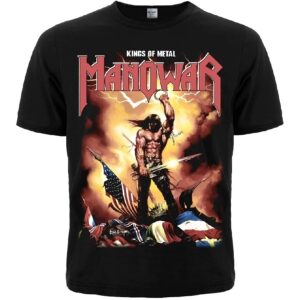 Предна част на черна Manowar тениска с щампа на воина от албума Kings of Metal
