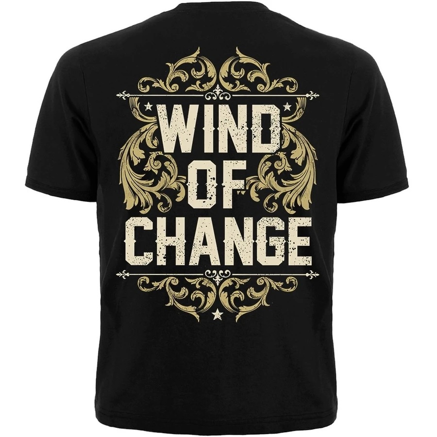 Гръб на черна метъл тениска Скорпионс с голям надпис Wind of Change и златни орнаменти