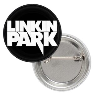 Кръгла метална значка Linkin Park с бяло лого на черен фон за декорация на раница