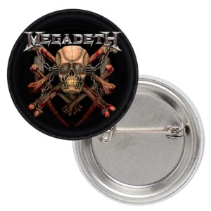 Метална рок значка Megadeth Vic Rattlehead с маскота на групата и кръстосани кости 25 мм