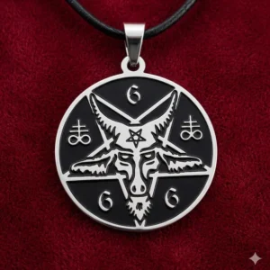 Кръгъл стоманен медальон с лика на Бафомет, пентаграма и числото 666