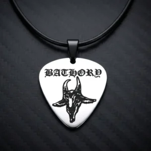 Сребрист стоманен медальон Bathory с форма на перце за китара и кожена верижка