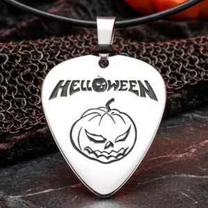 Сребрист стоманен медальон Helloween с форма на перце за китара и кожена верижка