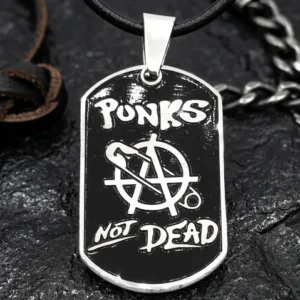 Сребрист стоманен медальон плочка Punks Not Dead със символа за анархия, безопасна игла и черна верижка