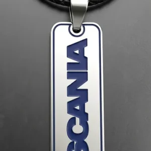 Правоъгълен стоманен медальон Scania със синьо вертикално лого и черна кожена