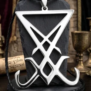 Масивен сребрист стоманен медальон Сигил на Луцифер върху черна плетена кожена верижка