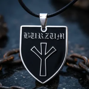 Стоманен медальон Burzum щит с руна Алгиз и черна кожена верижка