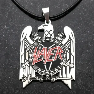 Стоманен медальон Slayer Eagle с червено лого и кожена верижка