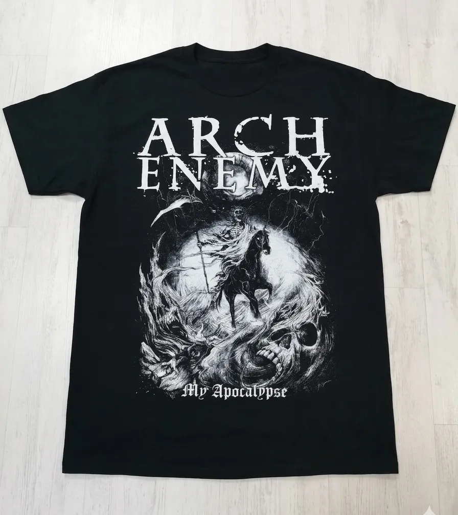 Черна метъл тениска Arch Enemy - My Apocalypse с графичен принт на конник, черепи и лого