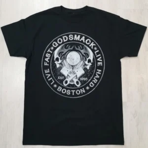 Предна част на черна памучна тениска Godsmack с принт Boston Live Hard