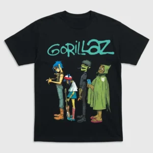 Мърч тениска Gorillaz с илюстрация на героите и лого