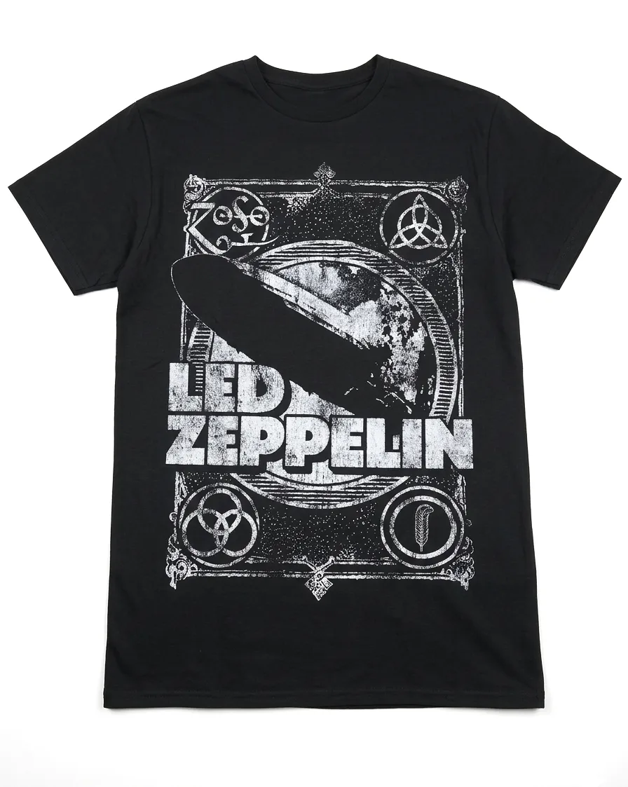Лице на черна памучна тениска Led Zeppelin с винтидж принт LZ1