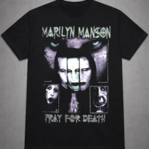 Лице на черна памучна тениска Marilyn Manson с графичен принт Pray for Death