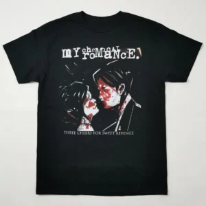 Лице на черна памучна тениска My Chemical Romance с щампа Three Cheers for Sweet Revenge
