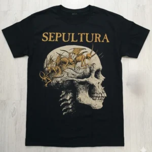 Лице на черна памучна тениска Sepultura с дизайн череп и демони