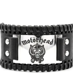 Черна кожена гривна Motörhead Snaggletooth с гравирана стоманена плочка и декоративни нитове