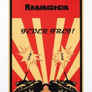 Тематичен постер Rammstein Feuer Frei с танкове и червени пламъци върху матова хартия