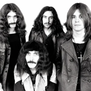 Черно-бял самозалепващ плакат Black Sabbath за стена с Ози Озбърн и групата