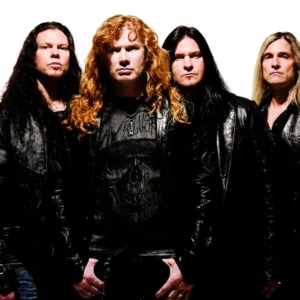 Цветен самозалепващ се постер на Megadeth с Дейв Мъстейн на бял фон