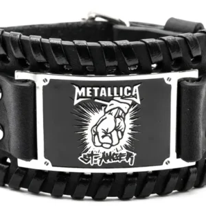 Кожена гривна Metallica с гравирана плочка St. Anger и черен кожен ремък