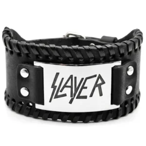 Черна кожена гривна Slayer с гравирано лого върху плочка от медицинска стомана