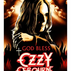 Цветен самозалепващ постер на Ози Озбърн God Bless Ozzy Osbourne с огнен фон