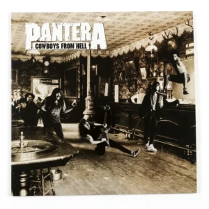 Матов самозалепващ малък плакат стикер Pantera Cowboys From Hell с групата в салон