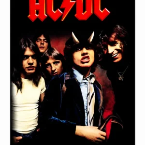 Вертикален постер AC/DC Highway to Hell с Ангус Йънг и Бон Скот на черен фон