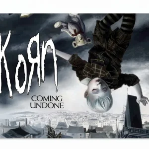 Хоризонтален постер Korn Coming Undone със сюрреалистична падаща фигура над град