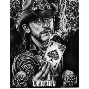 Черно-бял постер Lemmy Kilmister Ace of Spades с Леми държи карта на черен фон