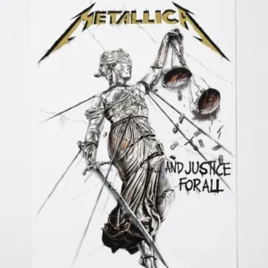 Музикален постер Metallica And Justice For All с бял фон и златни букви за стена